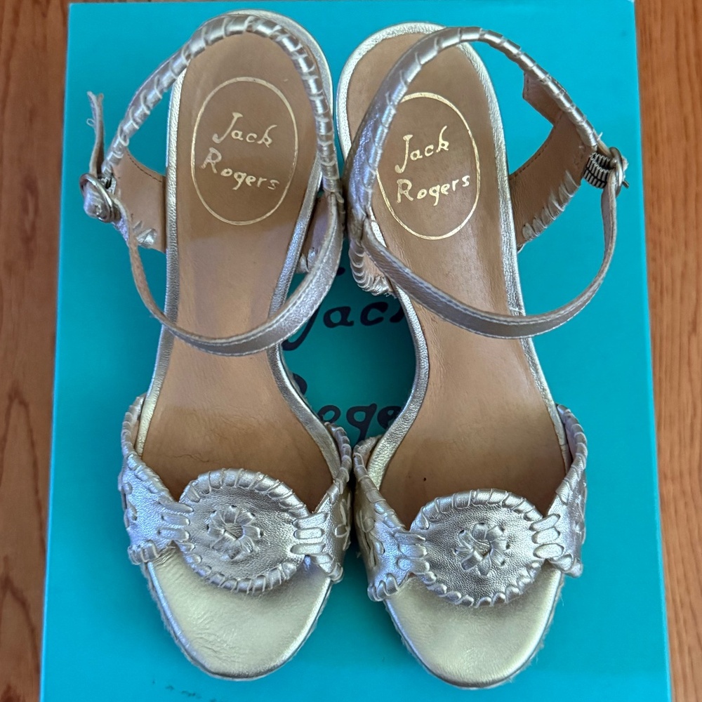 Jack Rogers, Leather Wedge Sandals, Platinum, Size 6